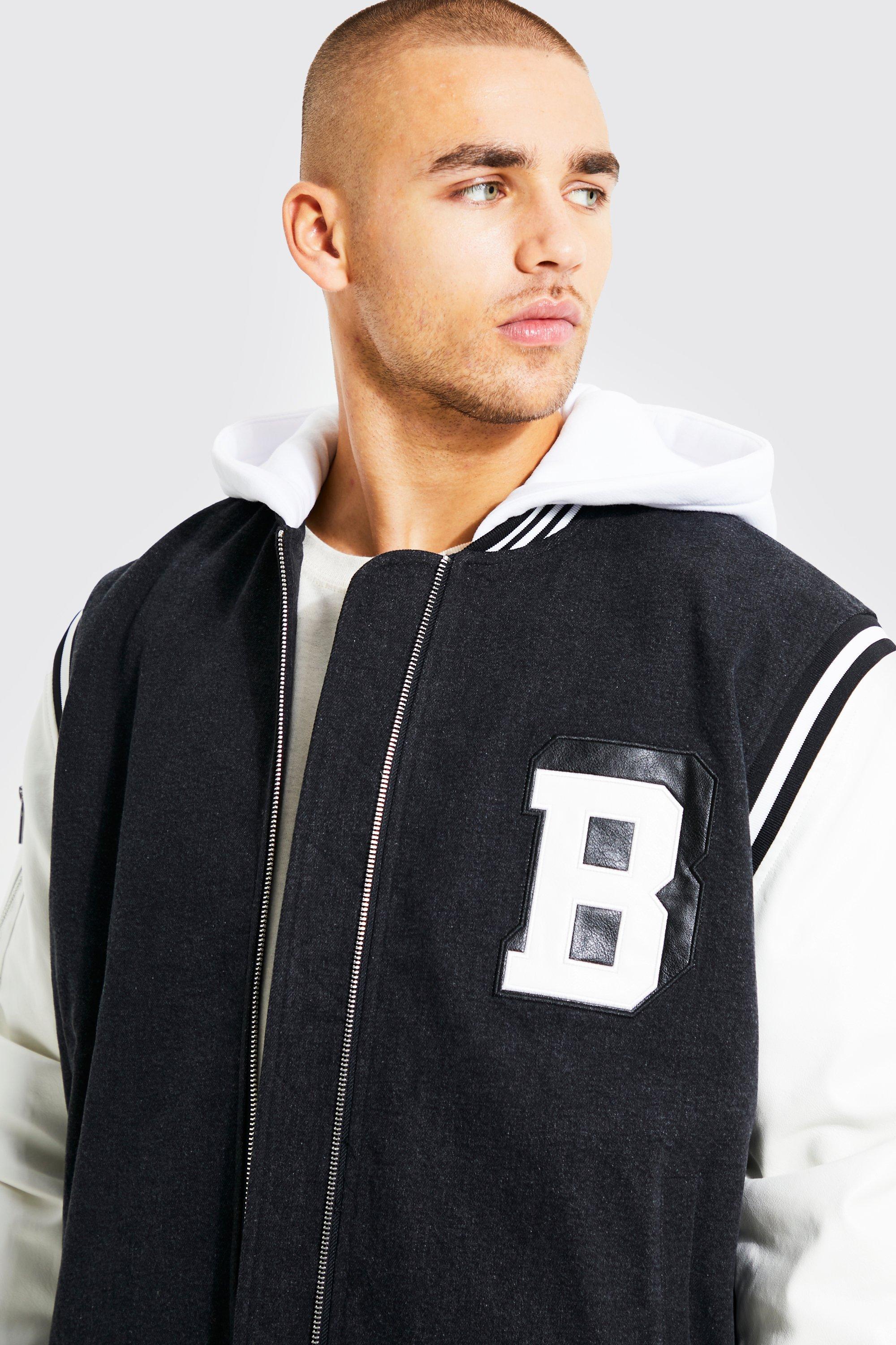 Oversized Denim Hooded Badge Varsity Jacket